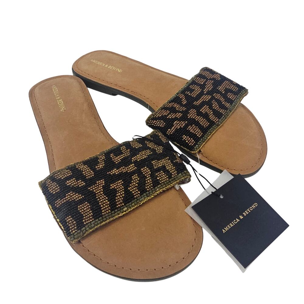 America & Beyond Beaded Leopard Animal Print Slip-on Sandal Women's 40 9.5 Boho